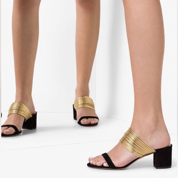 Aquazzura Rendez vous Sandals Black suede Gold strap size 38.5‎ US 8 heels - Picture 4 of 15